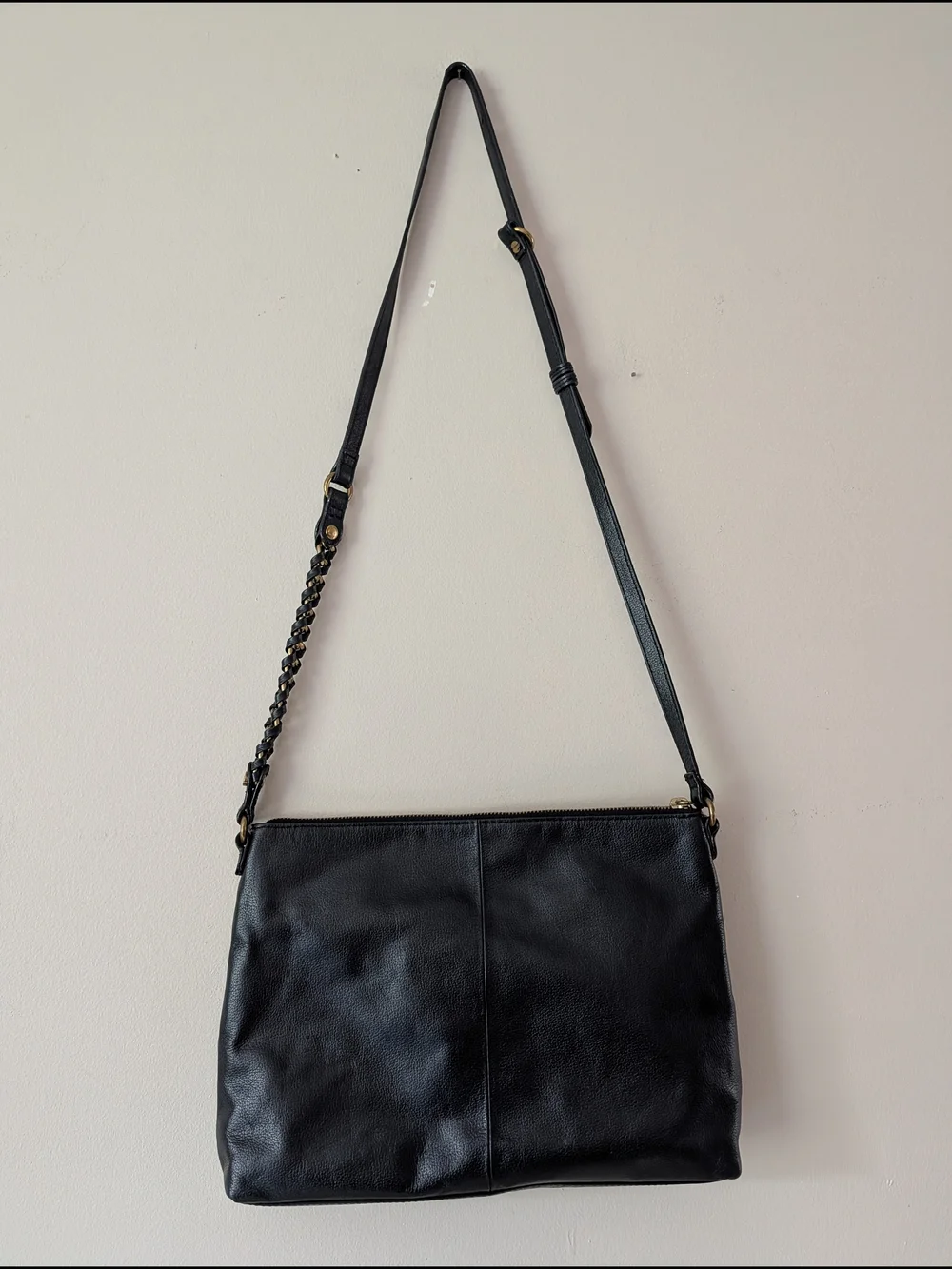 Elliott Lucca Black Leather Crossbody Bag with Gold Hardware